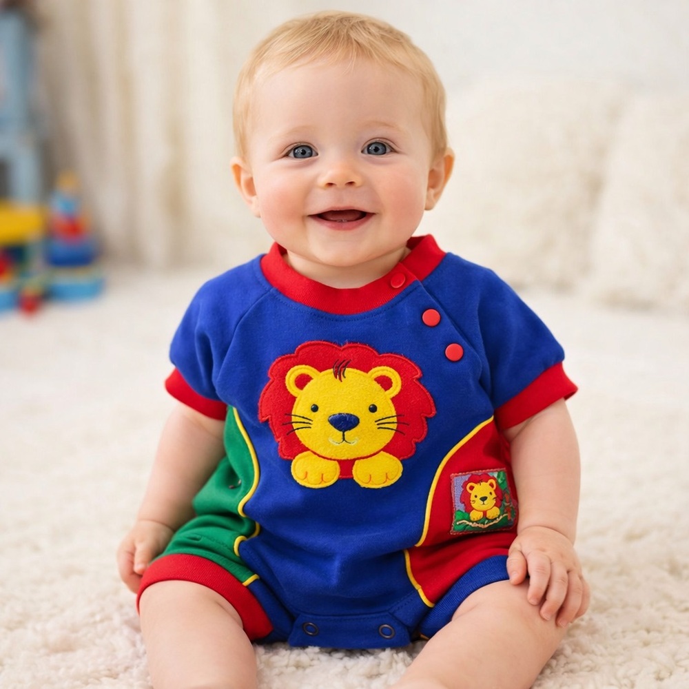 Vintage Le Top Lion Appliqué Colorblock Romper | 12M | 90s Baby see condition